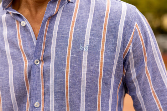 Camisa Lino Rayas Azul Naranja | Alcudia