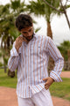 Camisa Lino Rayas Celeste Marrón | Montefrío