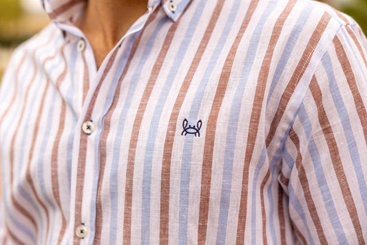 Camisa Lino Rayas Celeste Marrón | Montefrío