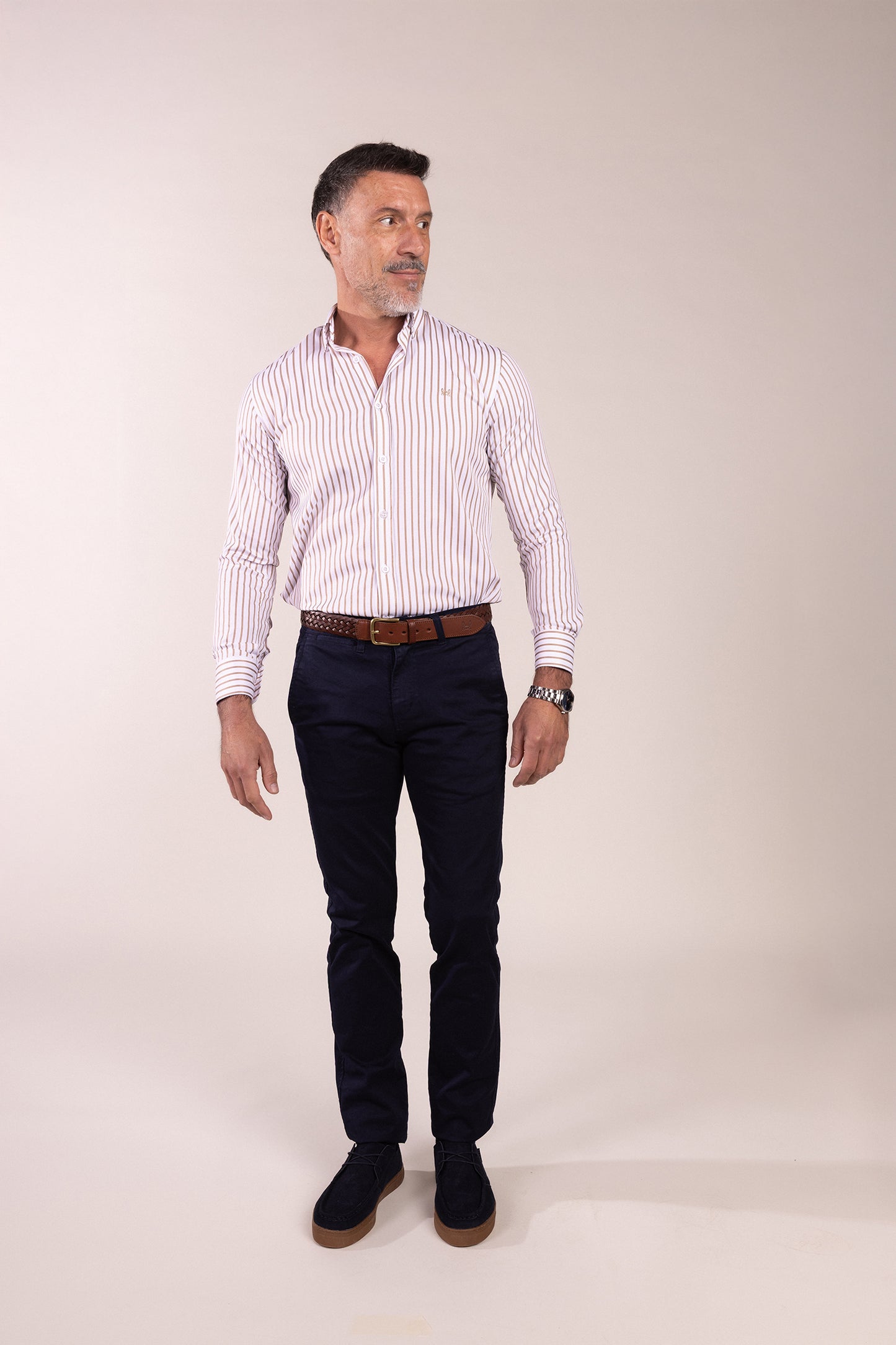 Camisa Popelin Rayas Beige | Úbeda