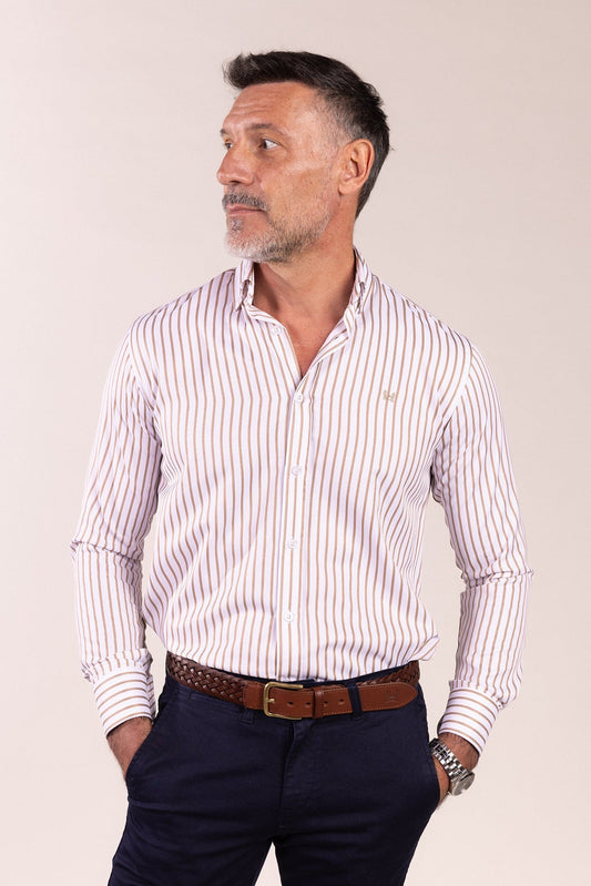 Camisa Popelin Rayas Beige | Úbeda