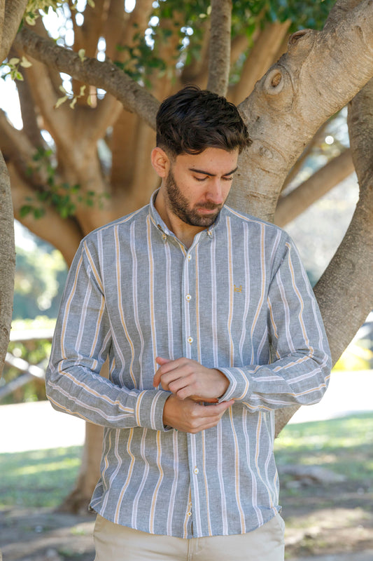 Camisa Lino Rayas Kaki Amarilla | Alcudia