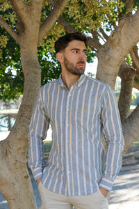 Camisa Lino Rayas Kaki Amarilla | Alcudia