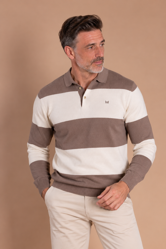 Pull col polo à rayures taupe et blanc