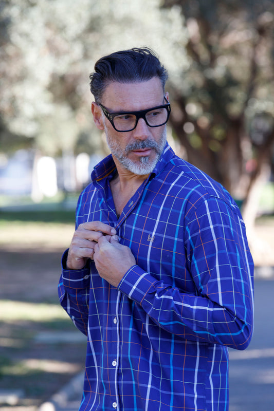 Camisa Azul Cuadro Naranja | Toledo