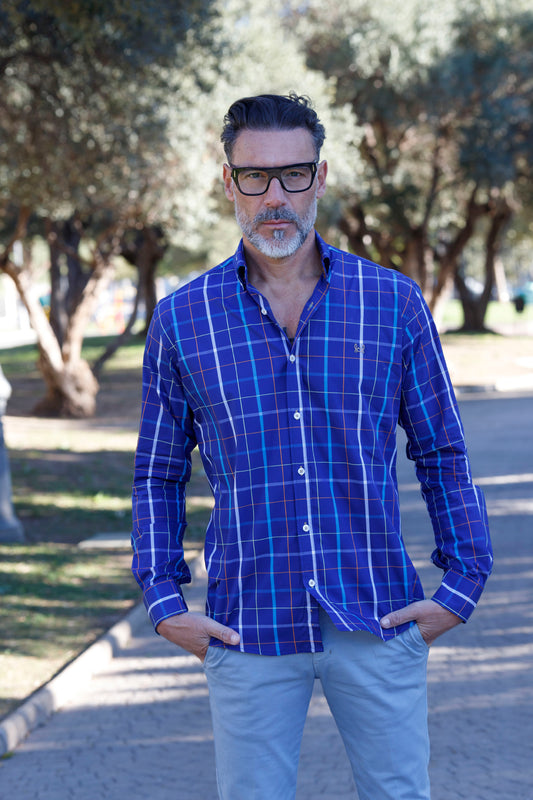 Camisa Azul Cuadro Naranja | Toledo