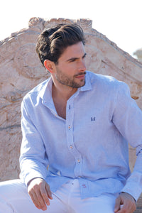 Camisa Lino Rayas Azul Marino | Gijón