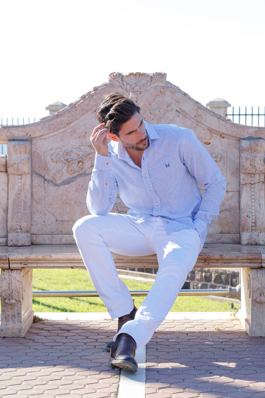 Camisa Lino Rayas Azul Marino | Gijón