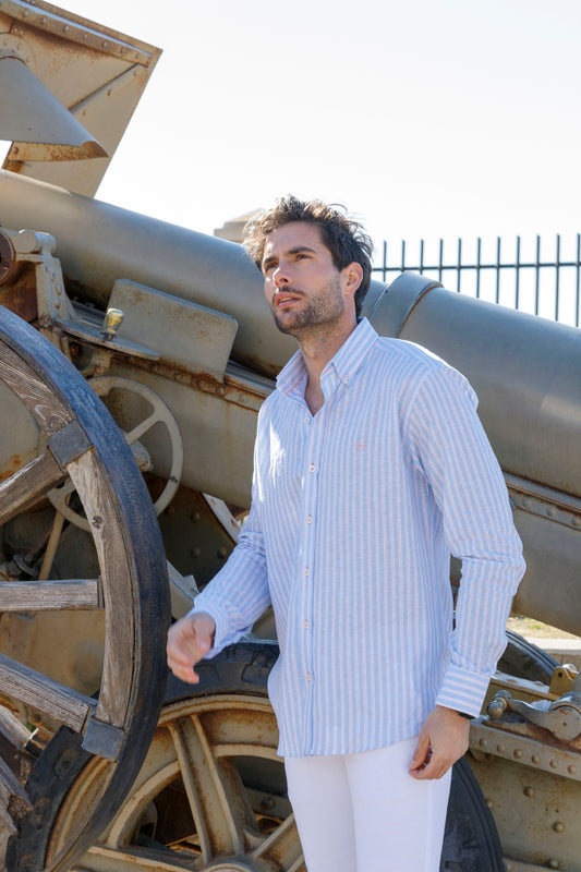 Camisa Lino Rayas Celeste Rosa | Palma