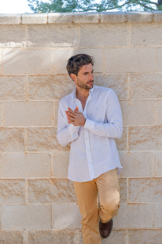 Camisa Lino Rayas Celeste | Manacor